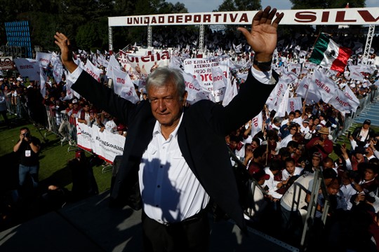 Andres Manuel Lopez Obrador during a presidential campaign rally in Texcoco, Mexico, June 17, 2018 (AP photo by Marco Ugarte).